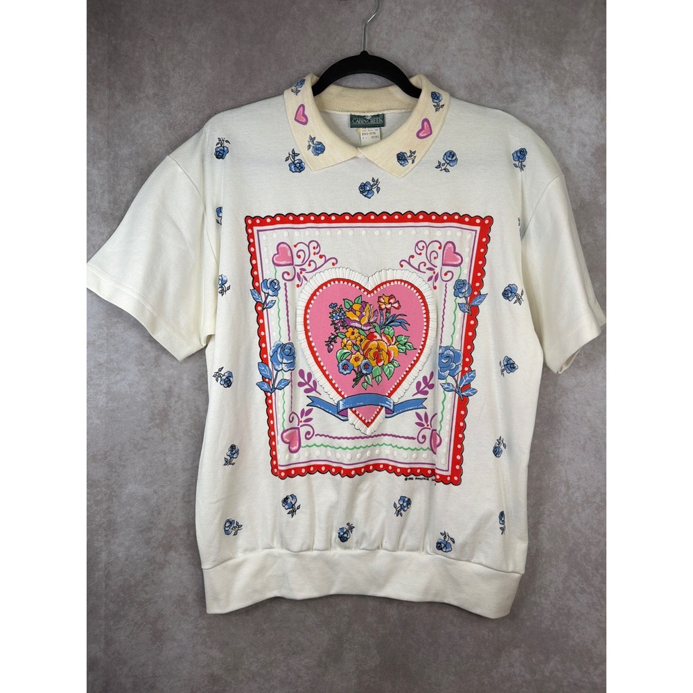 VTG 1992 Cabin Creek Polo Shirt Women Large Cream Heart Floral Puff Graphic